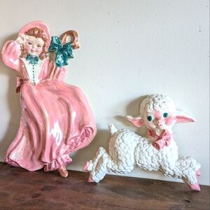 Vintage Bo Peep Sheep Nursery Baby Hanging Decoration 1950s Chalkware Mold Set